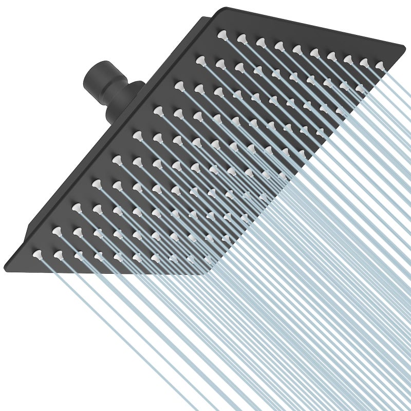 BESy 8 Inch Rain Shower Head, 8" Square Rainfall & High Pressure Stainless Steel Bath Showerhead, 1/16" Ultra Thin, Waterfall Full Body Coverage with Silicone Nozzle, Matte Black Finish - Image 1